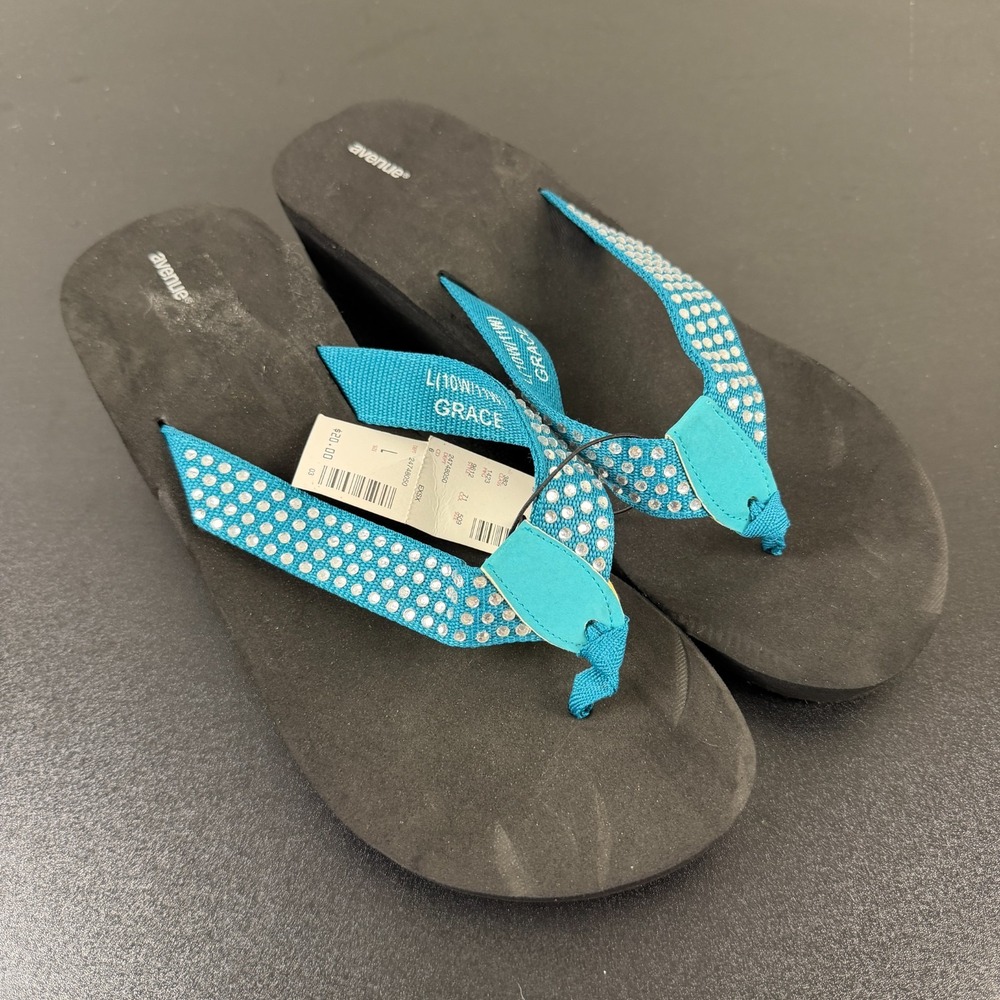 Avenue Grace Flip Flop Sandals Women's 10W Black Blue Rhinestones Slip On Casual